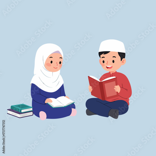 Happy Muslim Children Reading Books Together, Learning and Islamic Education