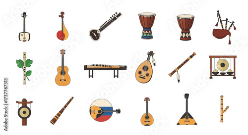 Collection of various musical instruments from different cultures and traditions.