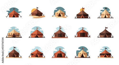 Collection of various medieval and historical tents for outdoor events.