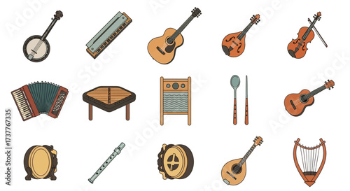Collection of Various Musical Instruments Depicted in a Row.