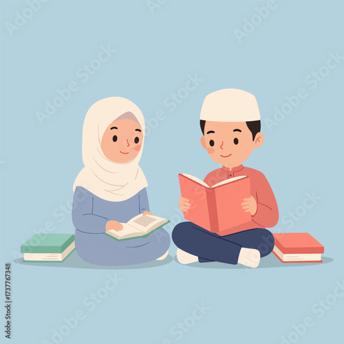 Cute Muslim Children Reading Books Together, Islamic Education Learning Illustration
