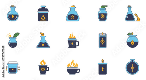 Collection of various potion bottles and magical items with glowing effects.