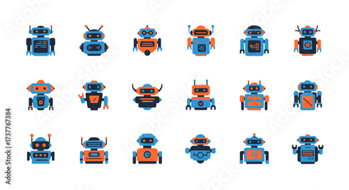 Collection of various robot designs in a flat style illustration.
