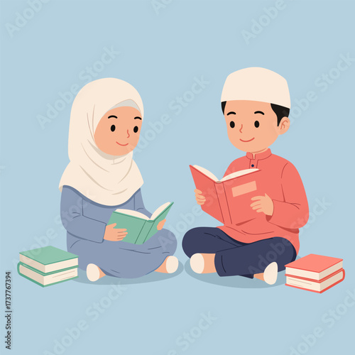 Happy Muslim Children Reading Books, Islamic Education and Learning Illustration