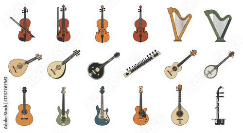 Collection of Various String Musical Instruments Displayed in Rows.