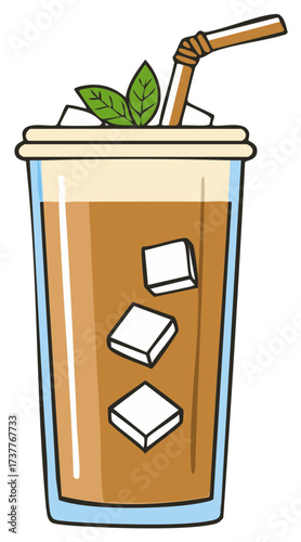 Iced Coffee Cup Illustration with Ice Cubes Straw and Mint Leaf Topping