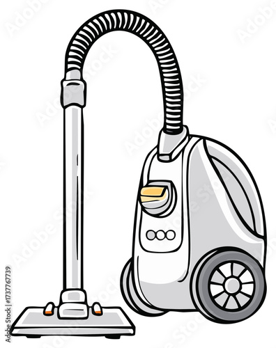 Cartoon illustration of a modern canister vacuum cleaner appliance for household chores