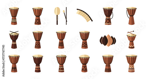 Collection of various traditional drums and percussion instruments.