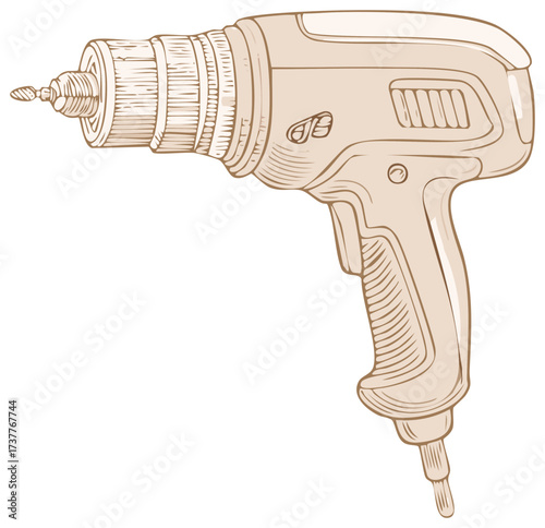 Isolated tan illustration of a hand drill construction tool for repair and home improvement
