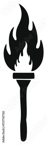 Isolated black silhouette of a torch with bright flame on white background