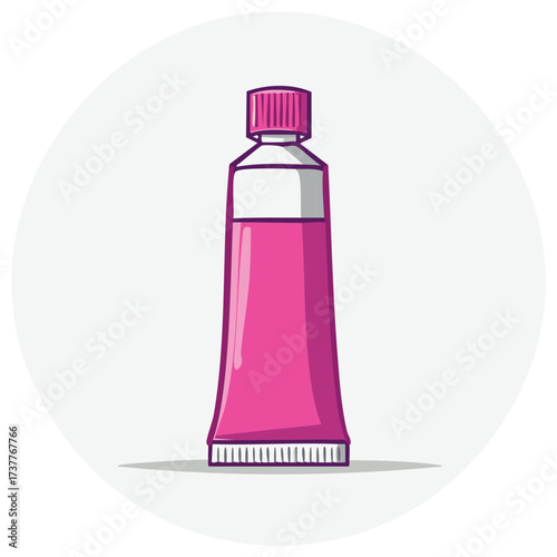 Bright pink cosmetic tube with a white label and a ridged cap isolated