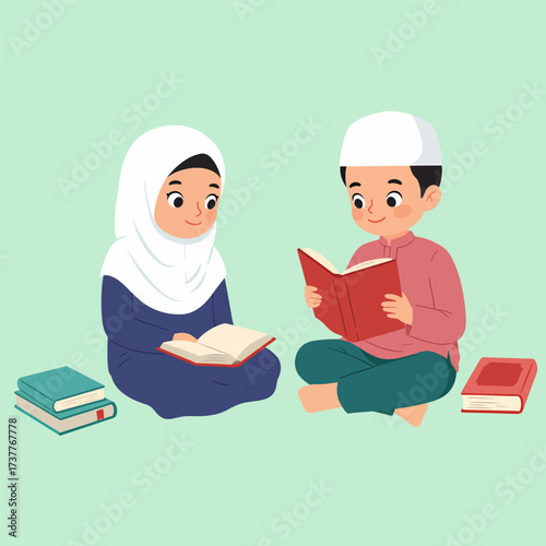 Happy Muslim Kids Reading Quranic Books Together, Islamic Education Concept