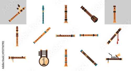 Collection of various traditional woodwind and string instruments.