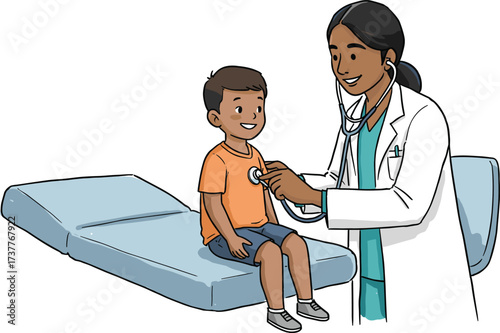 Friendly female doctor examining smiling young boy with stethoscope, pediatric checkup, healthcare, medical consultation, child patient, clinic visit