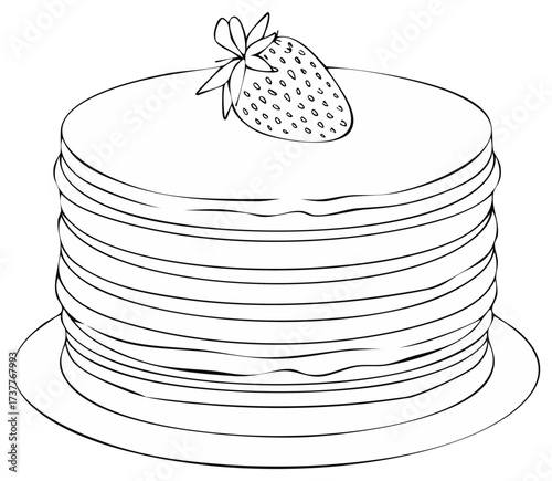 Stack of pancakes with a strawberry on top, simple black and white line art illustration.