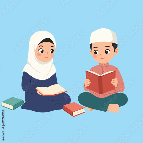 Young Muslim Children Reading Books Together, Islamic Education Concept