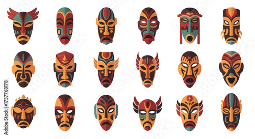 Collection of vibrant tribal masks with intricate designs and cultural significance.
