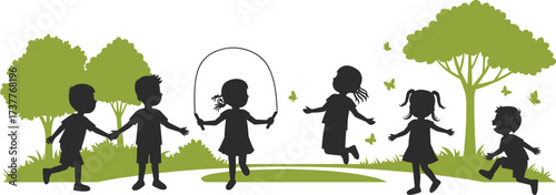 Children playing outdoors, jumping rope, running, holding hands, green trees, butterflies, silhouette kids, active childhood, park fun, nature play