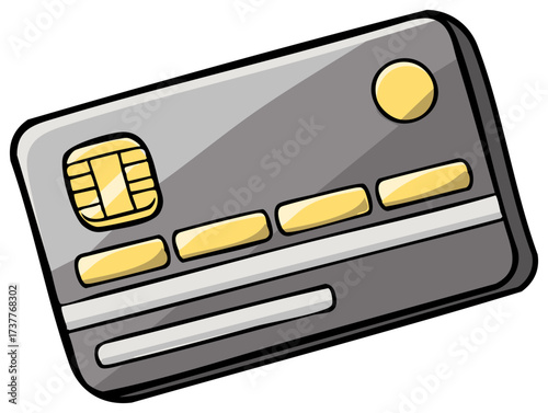 Cartoon credit card illustration with gold chip for finance and payment concepts