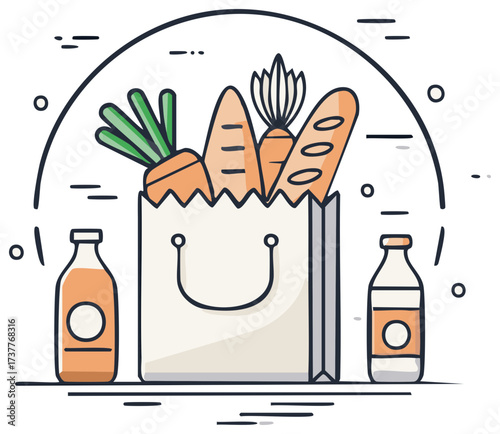 Groceries in Paper Bag with Carrots and Bread near Juice Bottles Illustration
