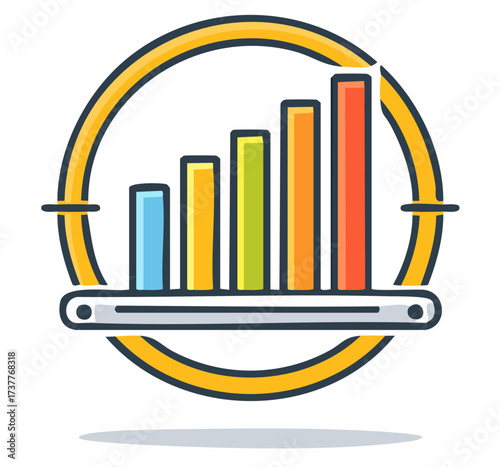 Colorful bar chart icon illustrating growth within a gold circle frame with shadow