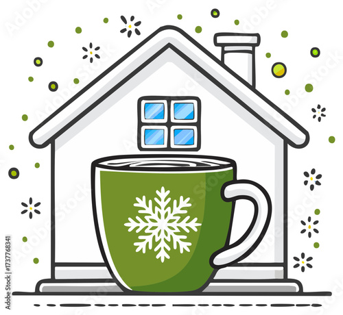 Winter scene illustration of a house with a mug of hot drink and snowflake design