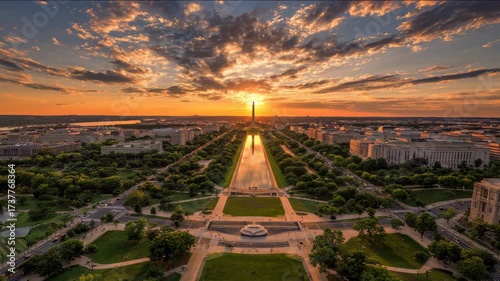 Magnificent sunset over Washington D.C., showcasing the stunning Washington Monument and National Mall.
