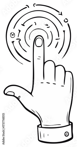 Index finger activating a complex circular labyrinth interface sketch