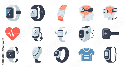 Collection of wearable health technology devices for monitoring vital signs.