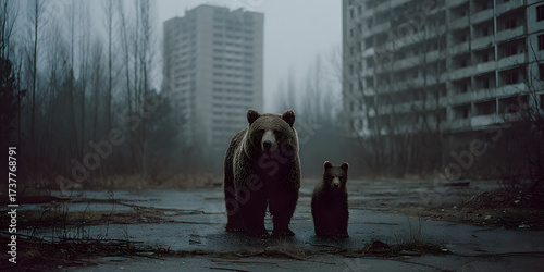 Chernobyl Bear Family: A poignant moment of nature reclaiming the ruins of Pripyat, with a mother bear and her cub standing steadfast amidst the desolation.