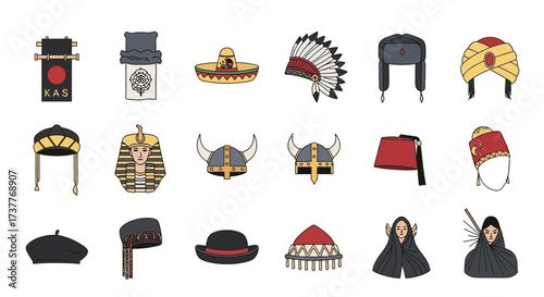 Colorful cartoon collection of world culture hats and headwear.