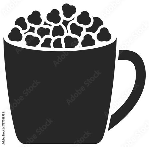 Popcorn in a mug icon, simple black and white vector for movie night snack concept.