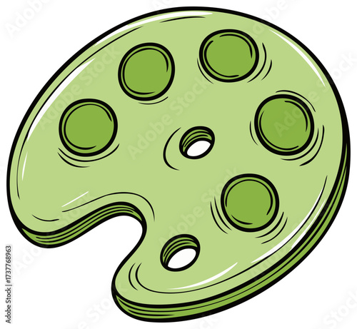 Illustrative Artist Paint Palette with Green Pigment Dabs Isolated