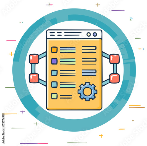 Digital Checklist connected to a central mechanism representing data processing or task management