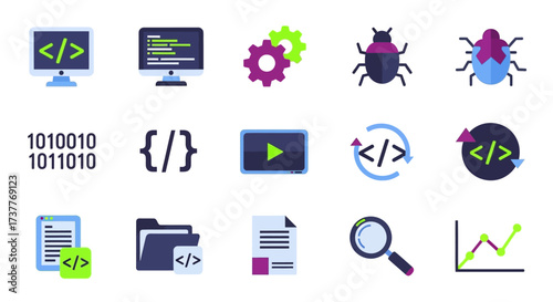 Colorful Flat Icon Set for Software Development and Programming.
