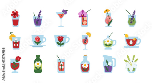 Colorful flat icon set of summer cocktails and beverages.