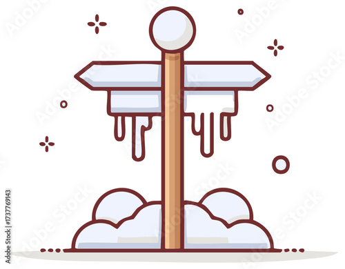Directional signpost covered in snow with melting icicles and gentle sparkles