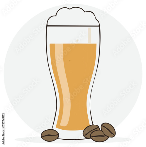 Coffee flavored craft beer in a pilsner glass with creamy foam and roasted beans