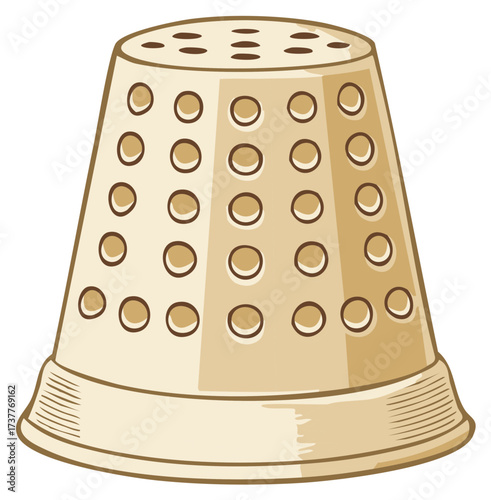 Cartoon illustration of a sewing thimble with a series of holes, isolated design element