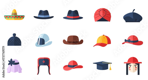 Colorful Flat Icon Set of Various Headwear and Hats.