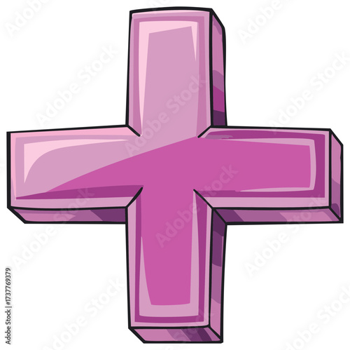 Bright pink glossy three dimensional plus sign icon isolated object