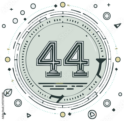 Stylized circular abstract design with the number forty four inside a retro dial and dotted pattern