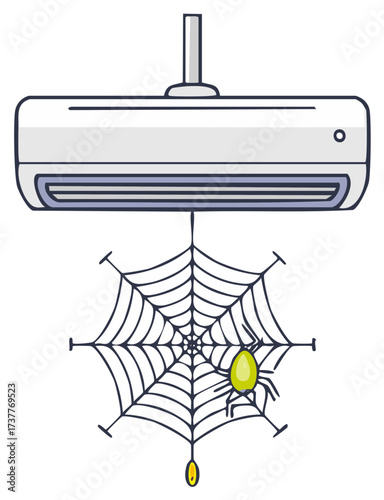 Cartoon spiderweb hanging from air conditioner with spider and falling coin representing dust, neglect, and seasonal challenges