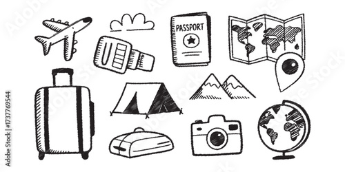 Collection of travel and adventure doodle icons isolated on white background