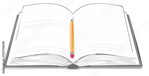 Open book with blank pages and a pencil lying on it for writing ideas, study, and creativity.
