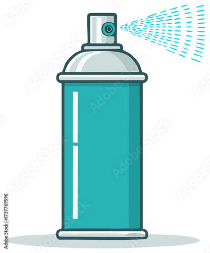 Vector illustration of a teal aerosol spray can releasing a fine mist cloud.