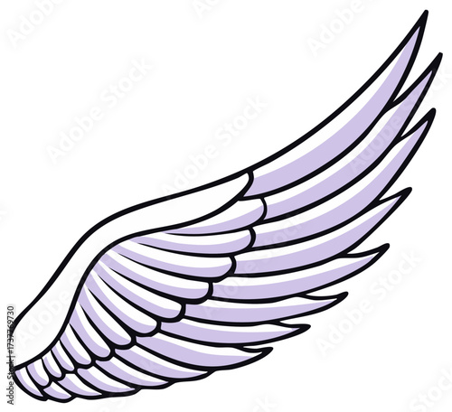 Stylized angel wing with light purple feathers and black outline