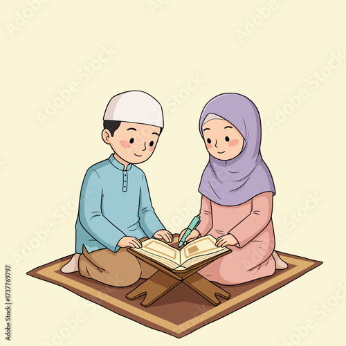 Muslim Children Learning Quran Together: Islamic Education and Holy Book Study