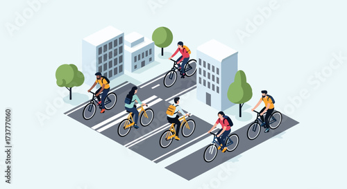 Cyclists ride bicycles on a city street with buildings and trees.