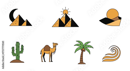 Desert Icons - Pyramids, Camel, Cactus, Palm Tree, and Desert Landscape.